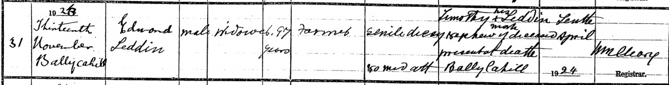 Edmond Leddin death certificate