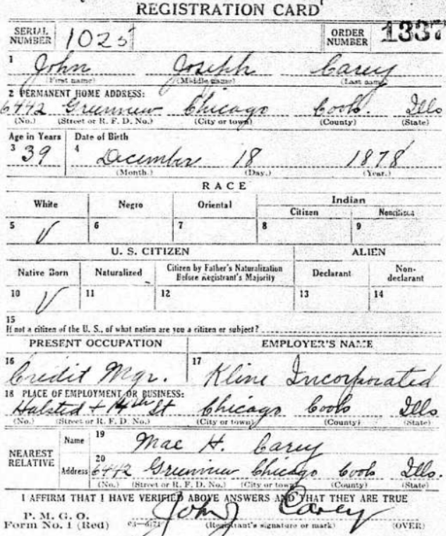 John J
          Carey WWI draft