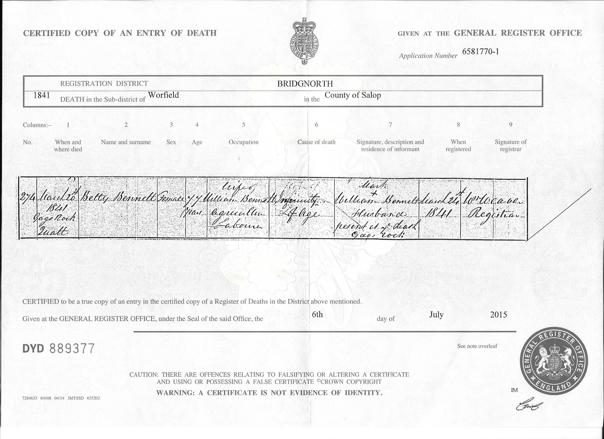 Elizabeth White Bennett death
            certificate