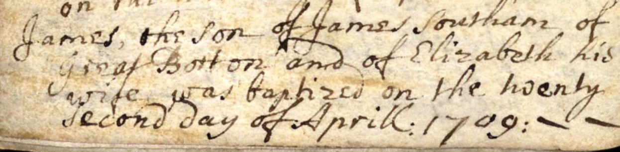 James Southam baptism 1709